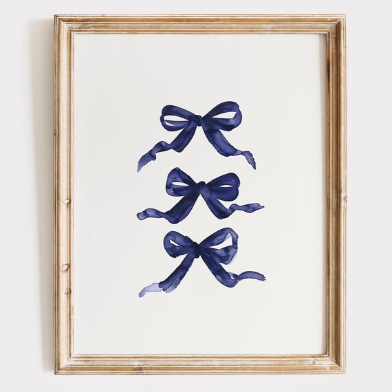 Navy Blue Ribbon Bows Watercolor Poster Minimalist Coquette Decor