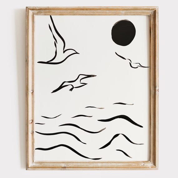 Minimalist Coastal Print Black And White Beach Scene