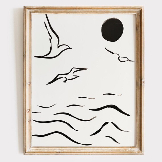 Minimalist Seagulls Ocean Waves Sun Black White Line Art Poster