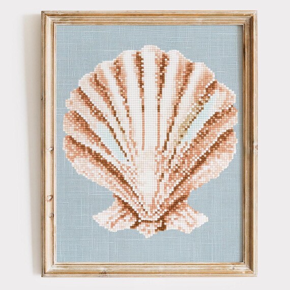 Cross Stitch Scallop Shell Coastal Needlepoint Decor Art Poster