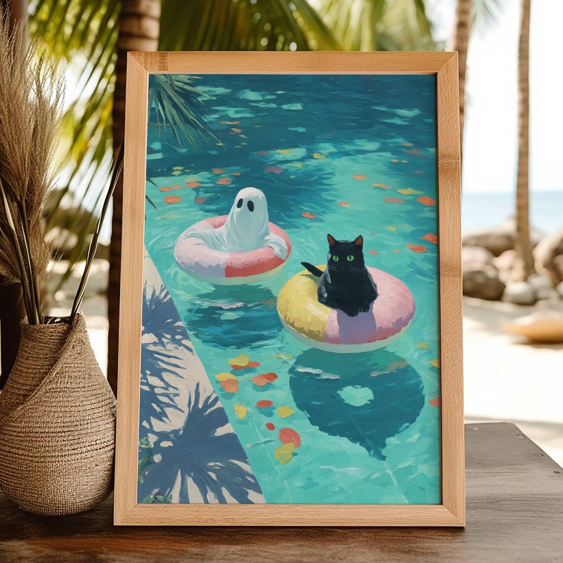 Black Cat in Pool Poster, Spooky Cute Decor