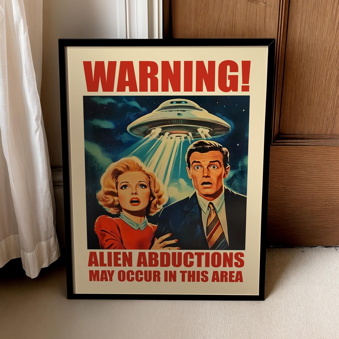 Retro Alien Abduction Warning Poster, Sci-Fi Art