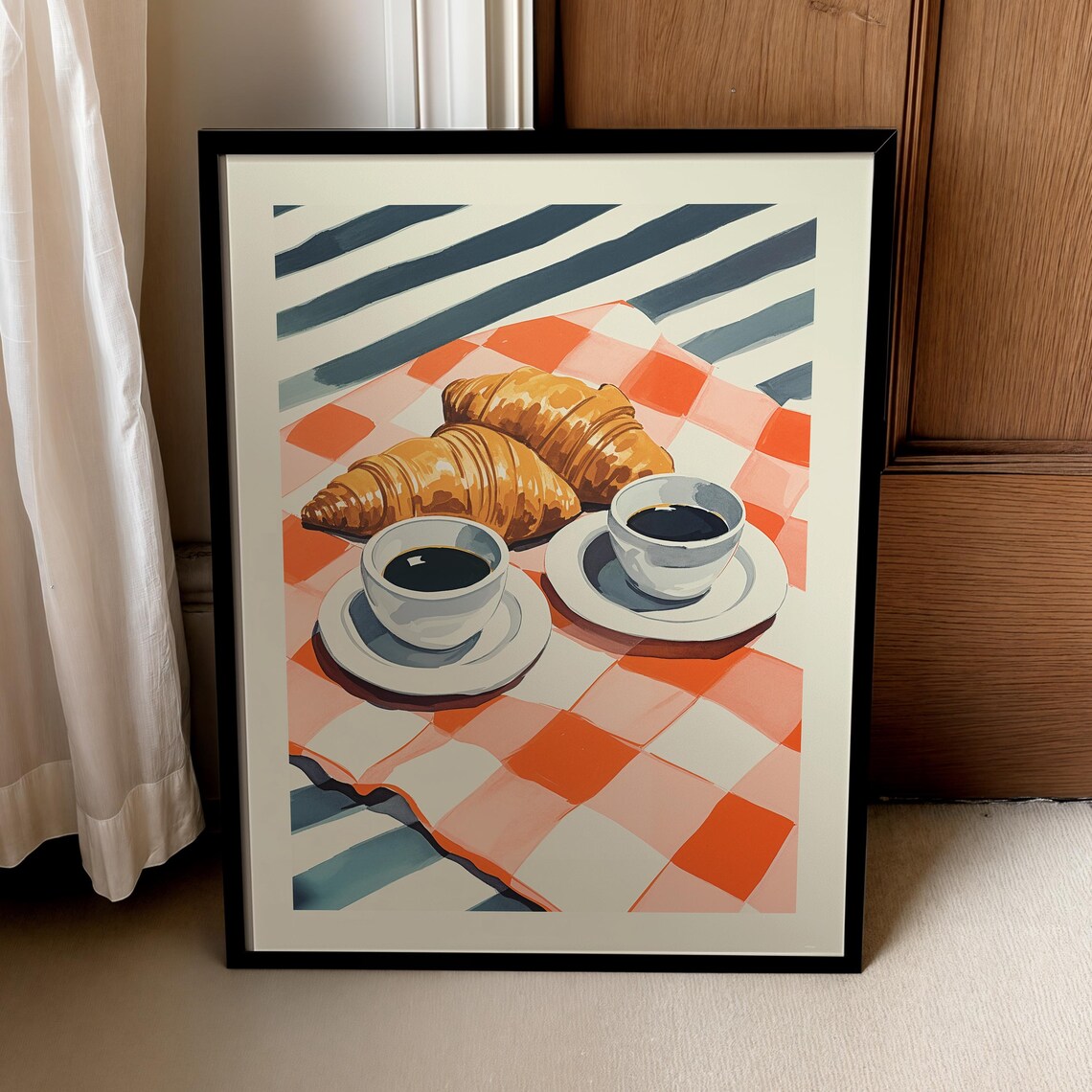 Coffee And Croissant Breakfast French Cafe Brunch Red Checkered Poster