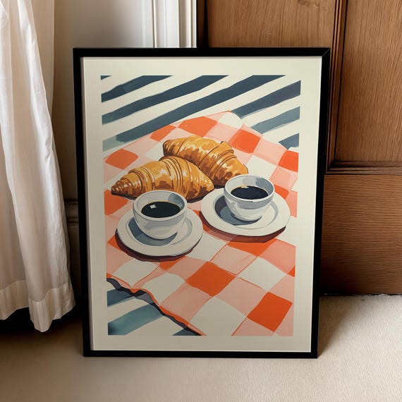 Coffee And Croissant Art Retro Style Food Poster Brunch Decor Bakery Digital Print