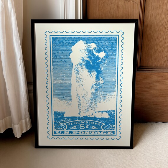 Yellowstone 5 Cent Vintage Blue Postage Stamp National Park Poster