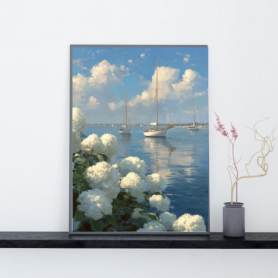 Sailboats Harbor White Hydrangeas Summer Seascape Painting Poster