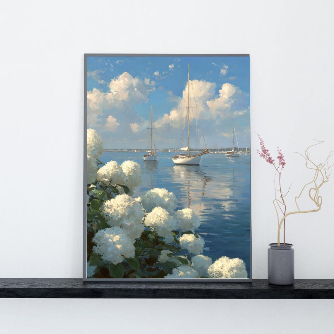 Sailboats Harbor White Hydrangeas Summer Seascape Painting Poster