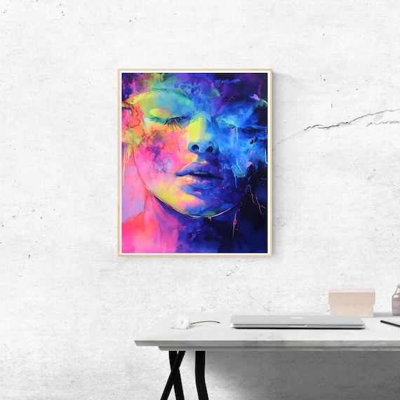 Neon Watercolor Woman Portrait Abstract Colorful Feminine Poster