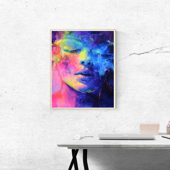 Neon Watercolor Woman Portrait Modern Feminine Wall Art