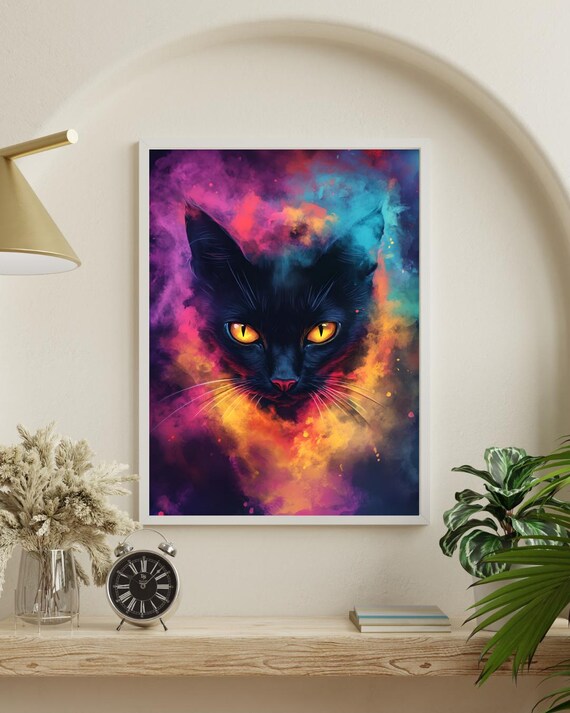 Neon Black Cat Cosmic Watercolor Golden Eyes Mystical Art Poster