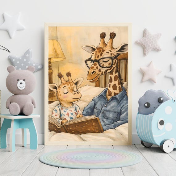 Giraffe Dad Baby Pastel Nursery Print Bedtime Story Art