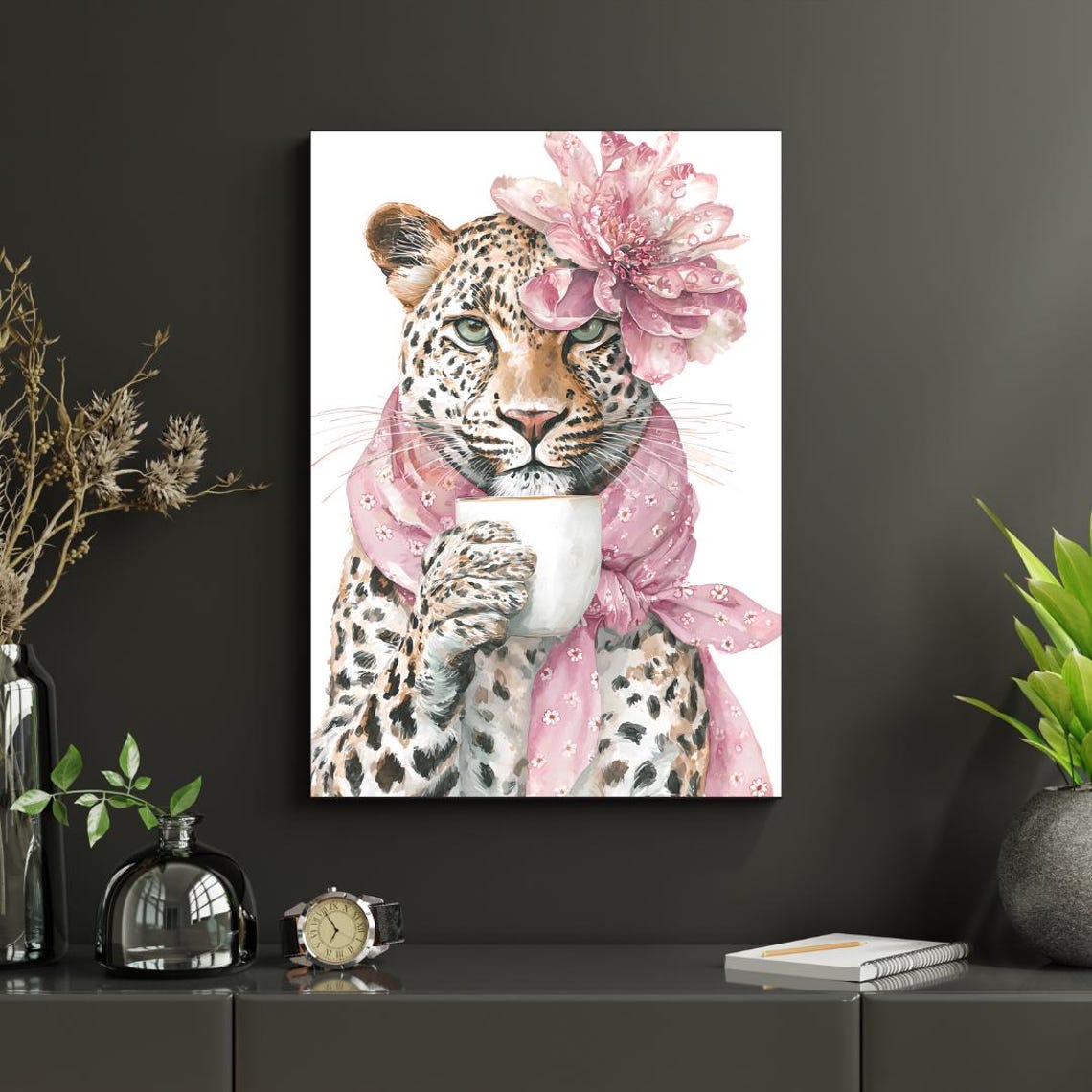 Leopard Drinking Coffee Pink Scarf Whimsical Watercolor Poster