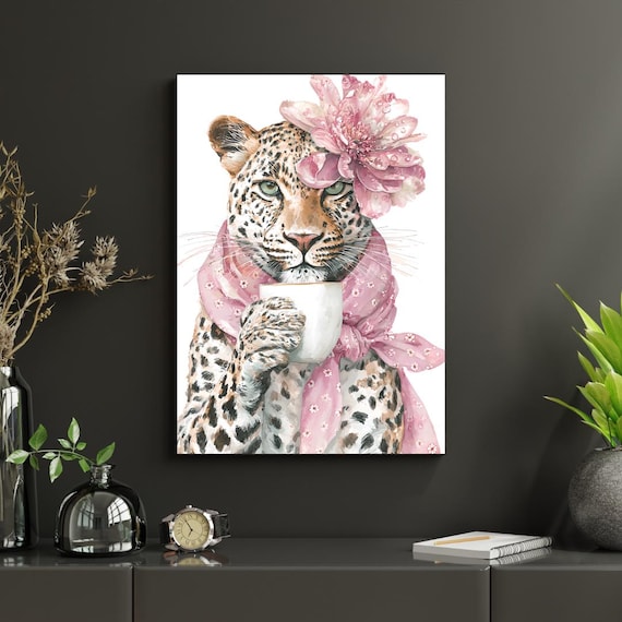 Leopard Drinking Coffee Art Print Whimsical Animal Watercolor