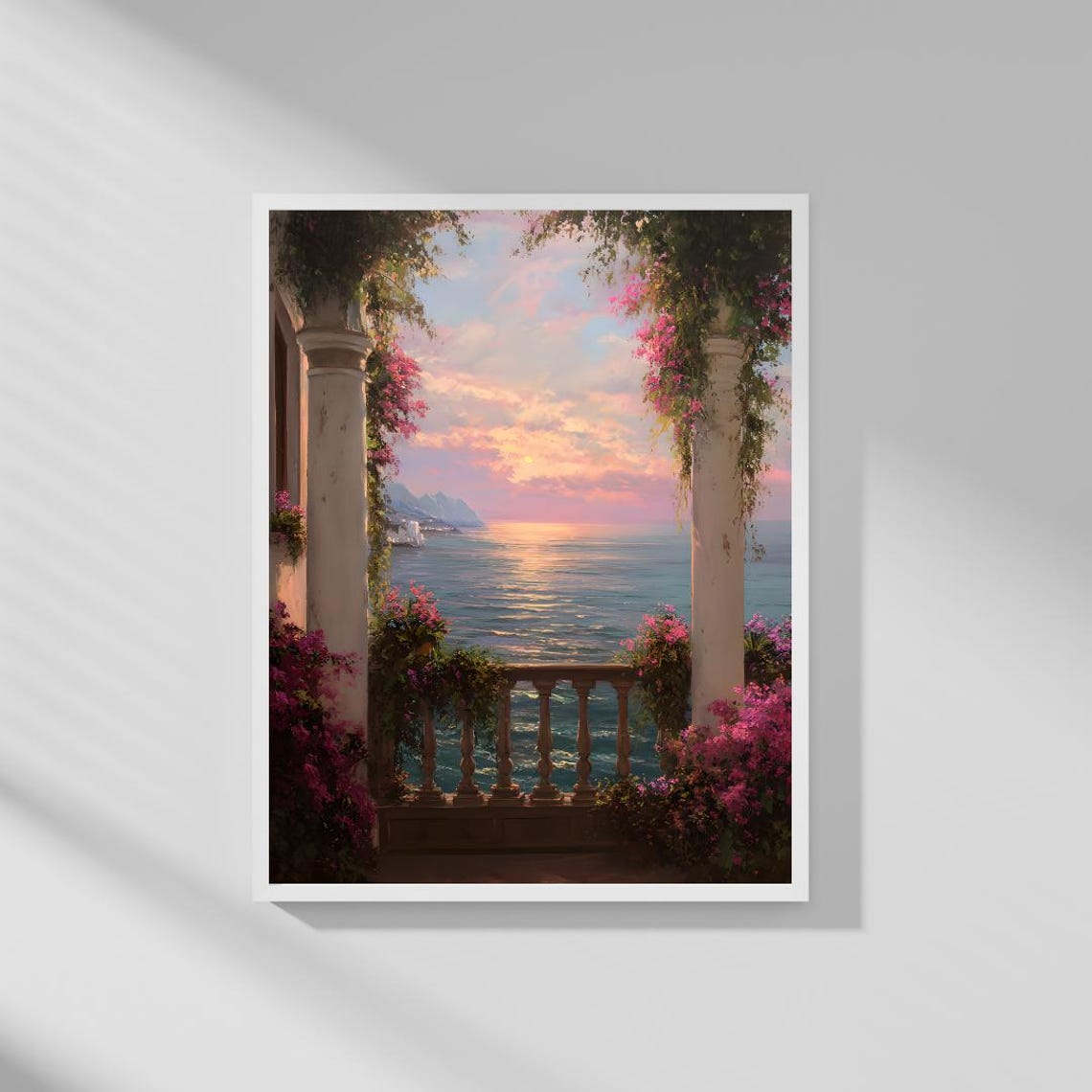 Mediterranean Balcony Sunset Ocean Flowers Romantic View Art Poster