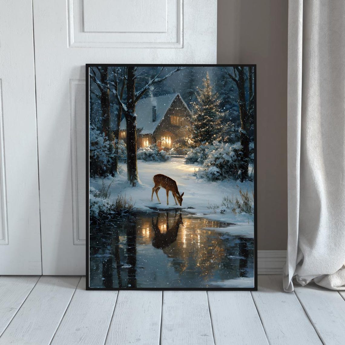 Christmas Night Deer Snowy Cabin Lights Holiday Forest Poster