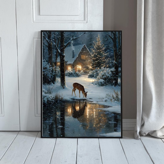 Christmas Night Deer Snowy Cabin Lights Holiday Forest Poster