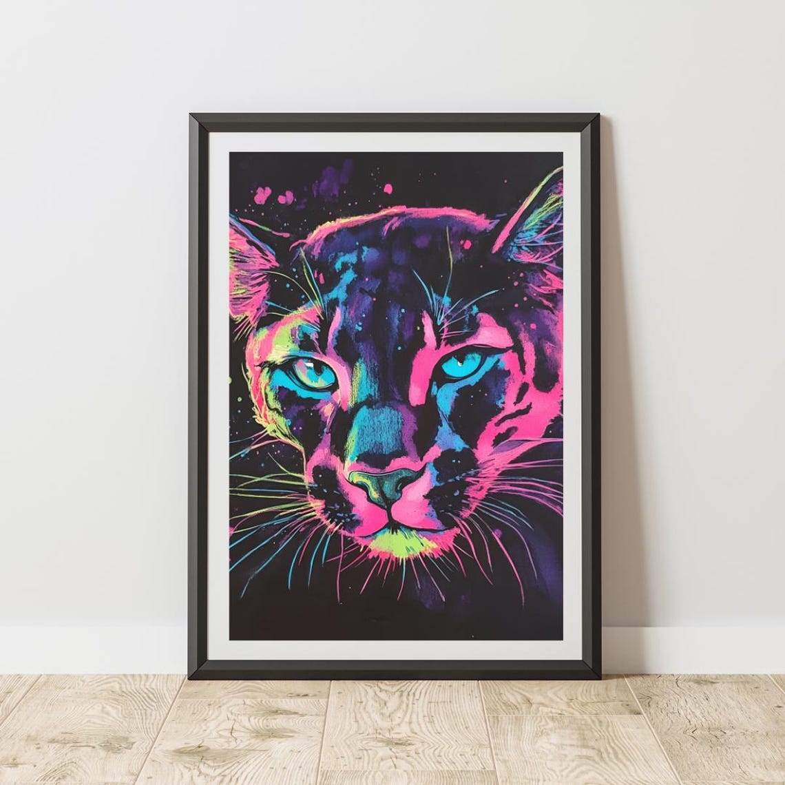 Neon Leopard Vibrant Watercolor Splash Big Cat Jungle Art Poster