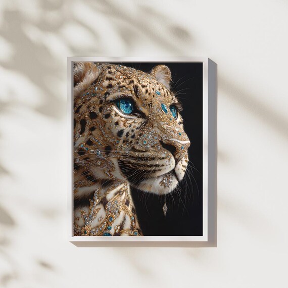 Golden Leopard Oil Painting Blue Eyes Diamond Decor