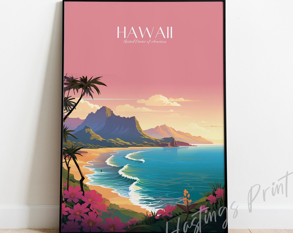 Hawaii Beach Surf Vintage Travel Poster Pink Sunset Ocean Waves