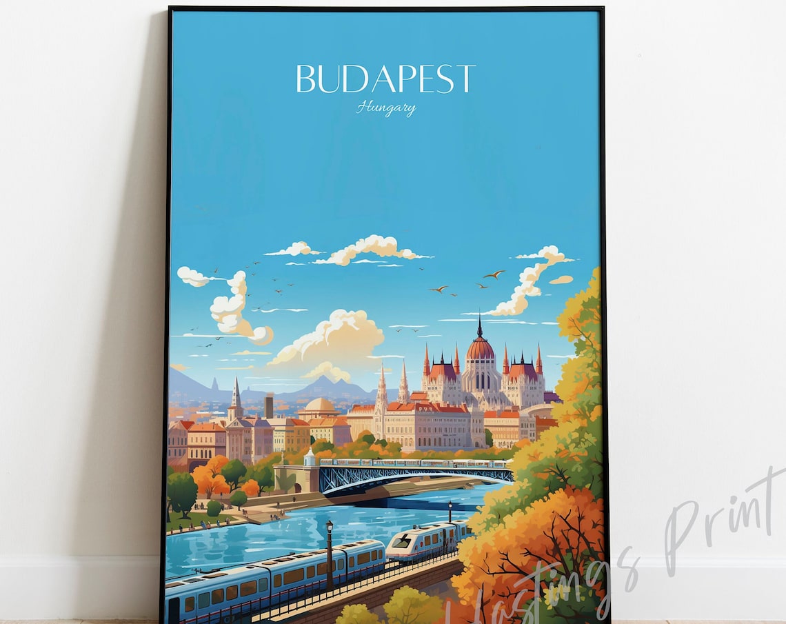 Budapest Hungary Parliament Danube Autumn City Retro Travel Poster
