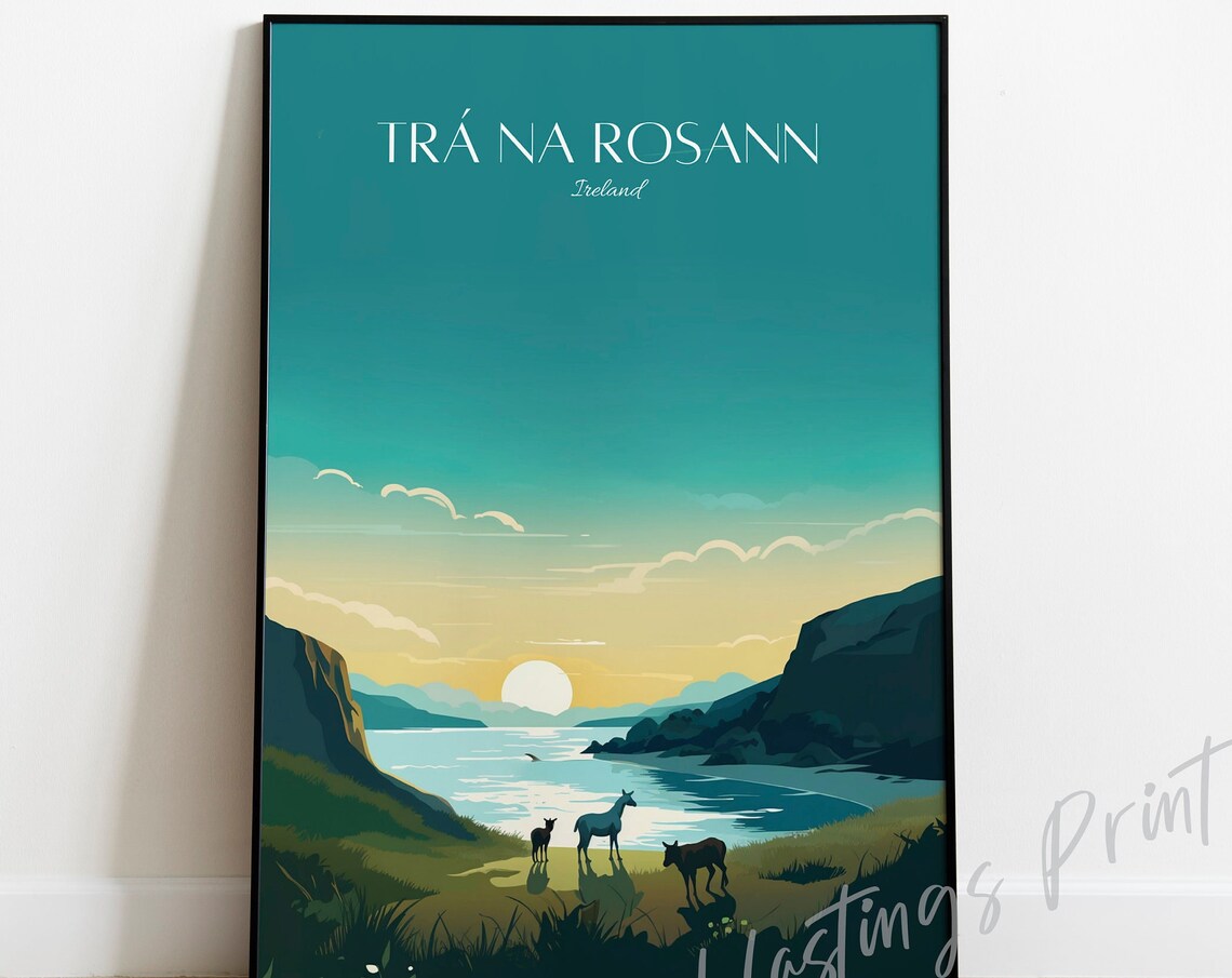 Tra Na Rosann Ireland Bay Sunset Vintage Travel Poster Deer Cove