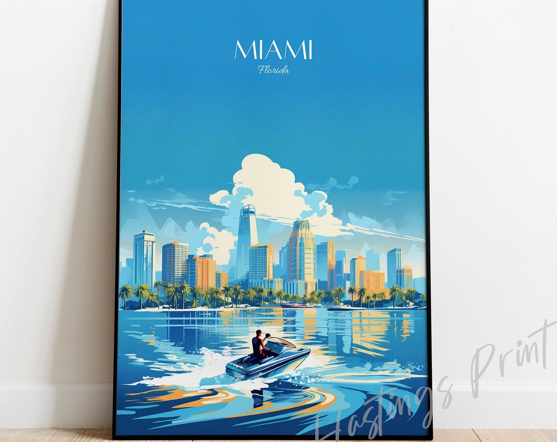 Miami Florida Jet Ski Skyline Tropical Beach Ocean Travel Poster