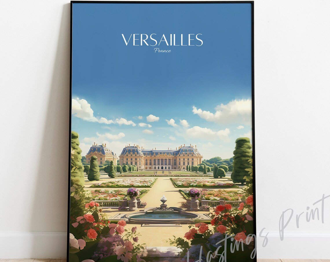 Palace of Versailles Paris France Travel Poster Gardens Art Illustration