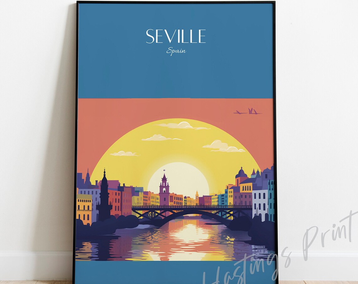 Seville Spain Vintage Travel Poster Sunset River Bridge Cityscape Artwork