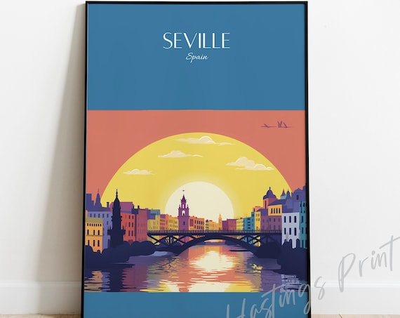 Seville Spain Vintage Travel Poster Sunset River Bridge Cityscape Artwork