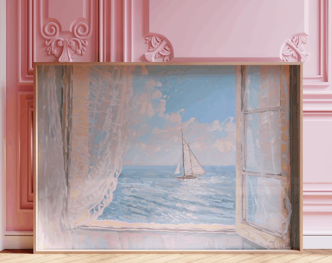 Open Window with Sailboat View on Blue Sea Coastal Art Print - Image 3