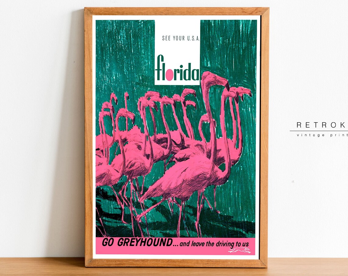 Greyhound Florida Flamingos Retro Bus Travel Advertising Poster