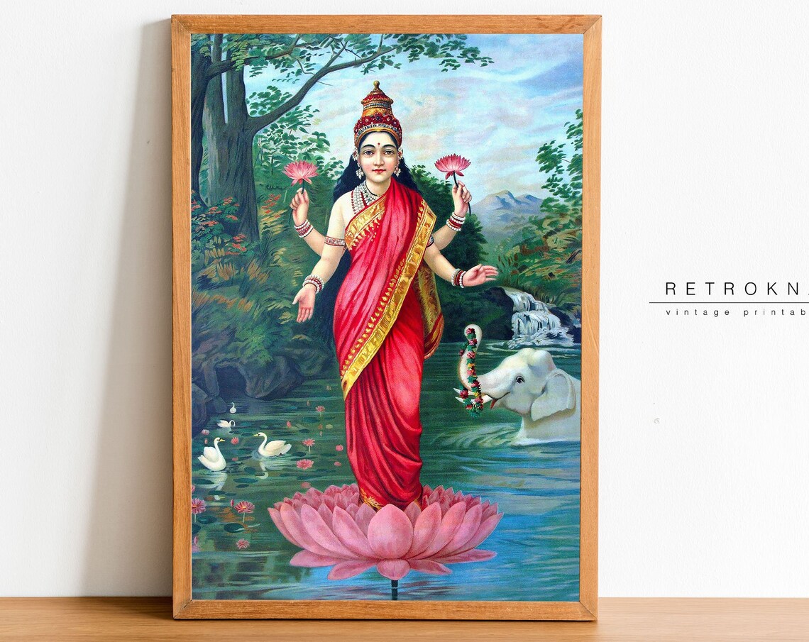 Goddess Lakshmi on Lotus Vintage Indian Gaja Lakshmi Art Print