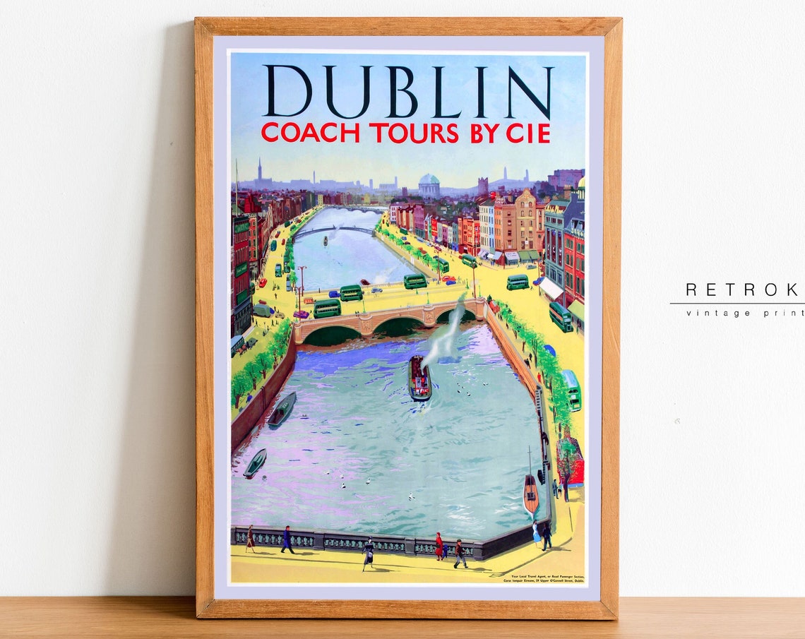 Dublin Coach Tours by CIE Vintage Irish River Liffey Travel Poster