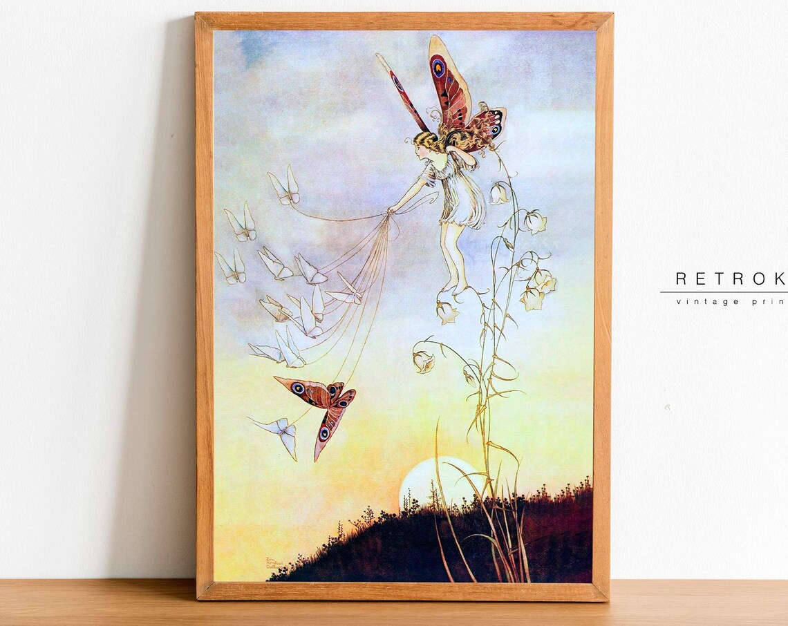 Ida Rentoul Outhwaite Butterfly Fairy Sunset Sky Vintage Fantasy Print