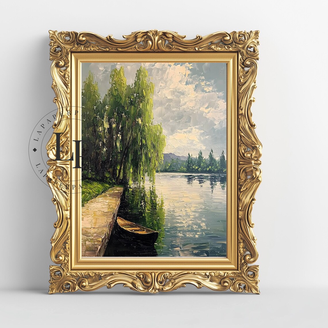 Weeping Willow Oil Painting by Calm Lake with Rowboat Poster - Image 2