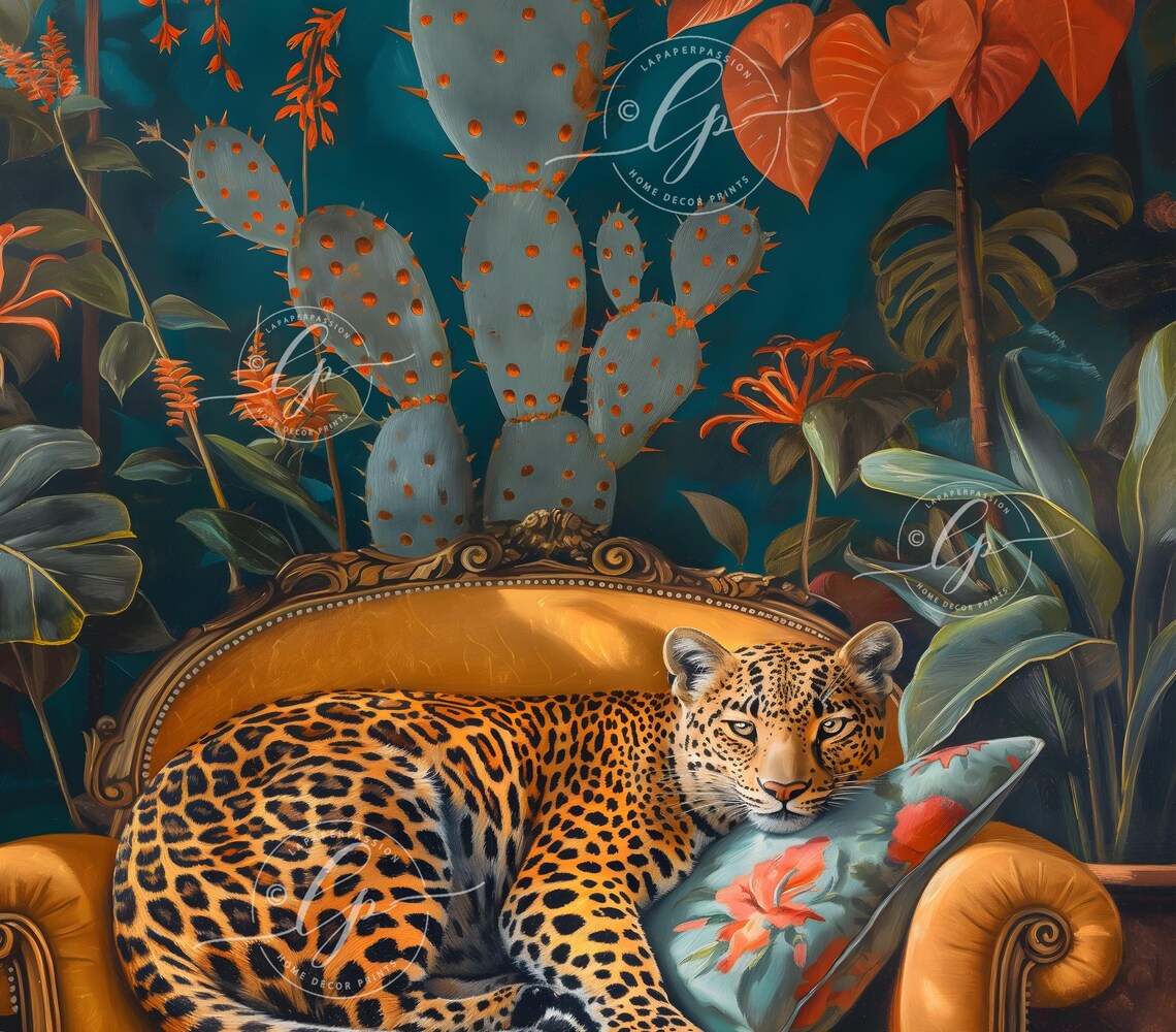 Leopard Lounging Orange Velvet Sofa Tropical Jungle Maximalist Poster - Image 3