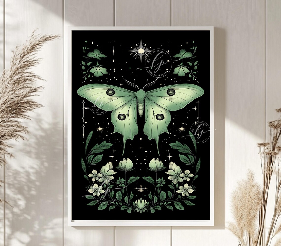 Lunar Moth Art Print, Dark Cottage Core Whimsigoth