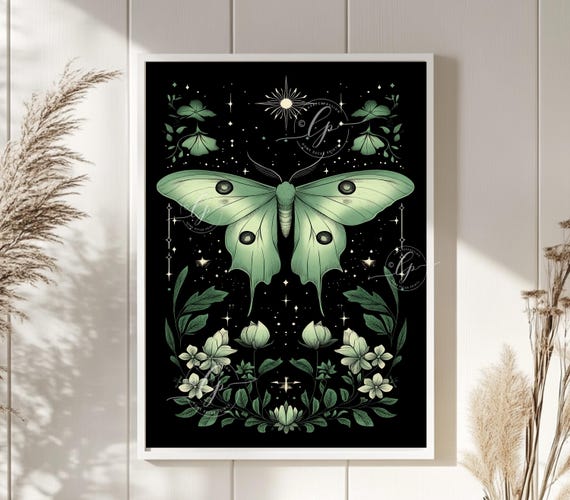 Lunar Moth Art Print, Dark Cottage Core Whimsigoth