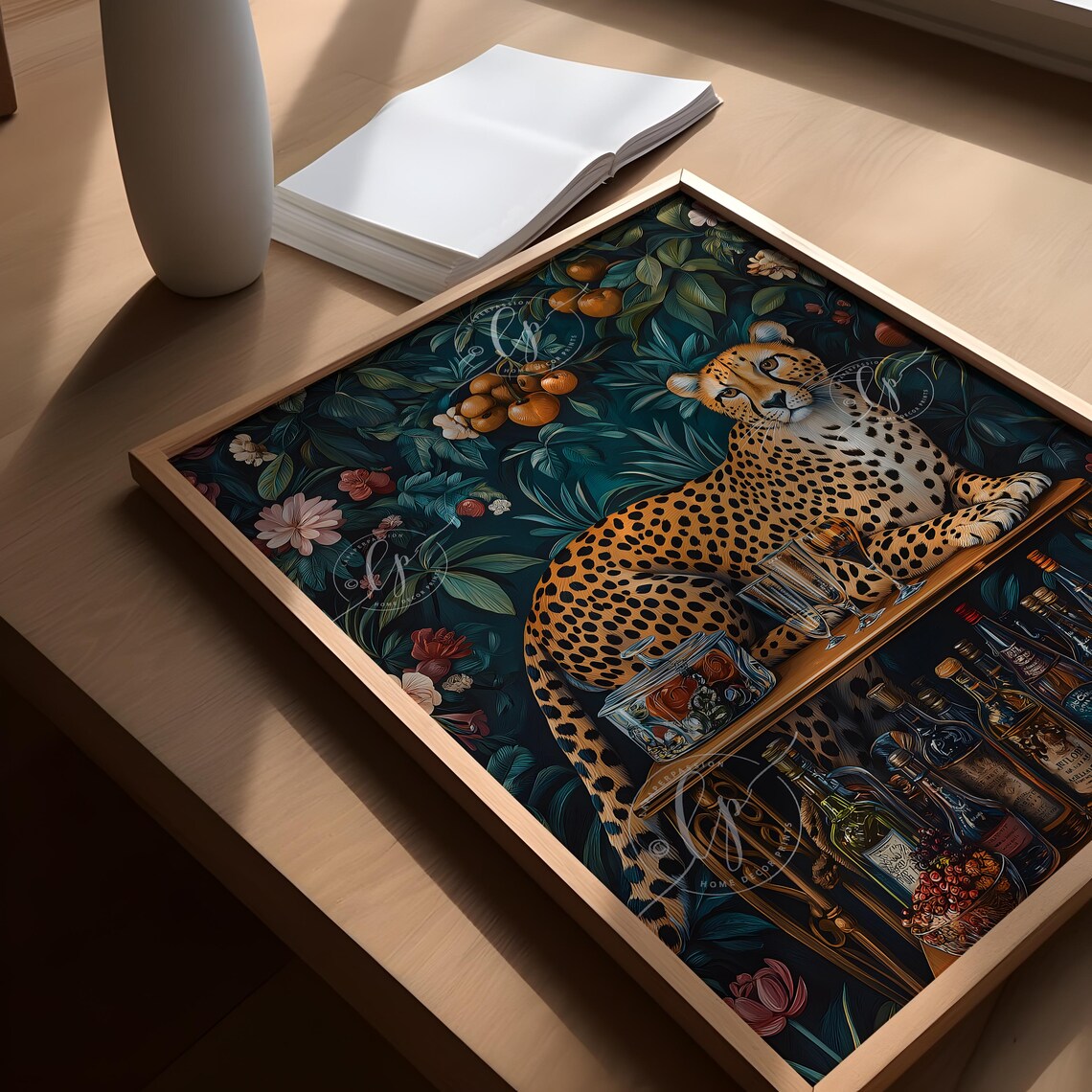 Leopard Lounging on Bar Cart Jungle Botanical Maximalist Animal Poster - Image 2