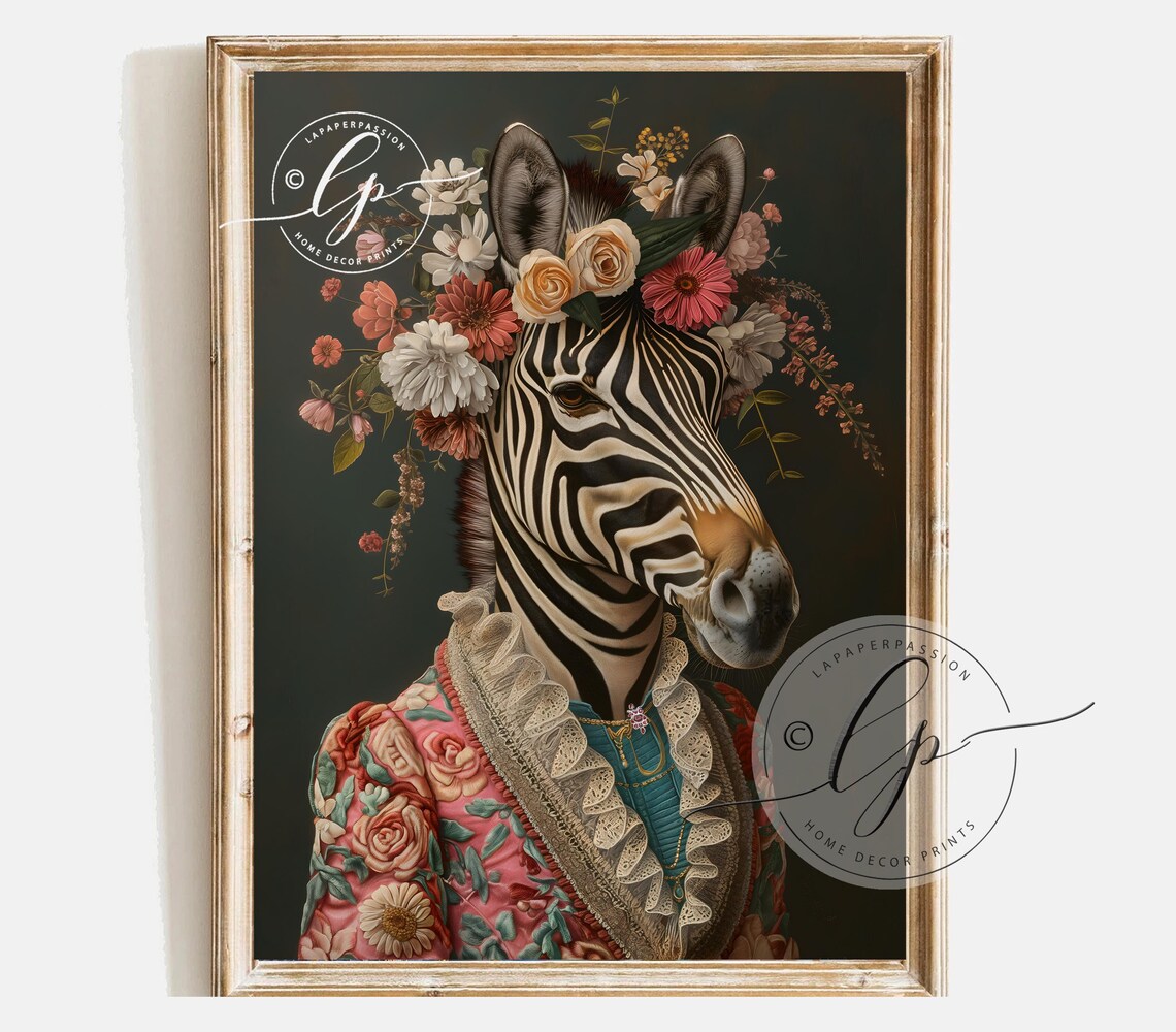 Elegant Zebra Floral Crown Vintage Dress Altered Portrait Wall Art