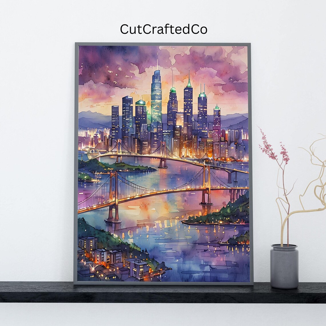 New York City Skyline Purple Sunset Bridges Watercolor Poster
