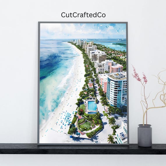 Watercolor Miami Beach Wall Art Tropical Cityscape Print Colorful Skyline Ocean Coastal Florida Decor