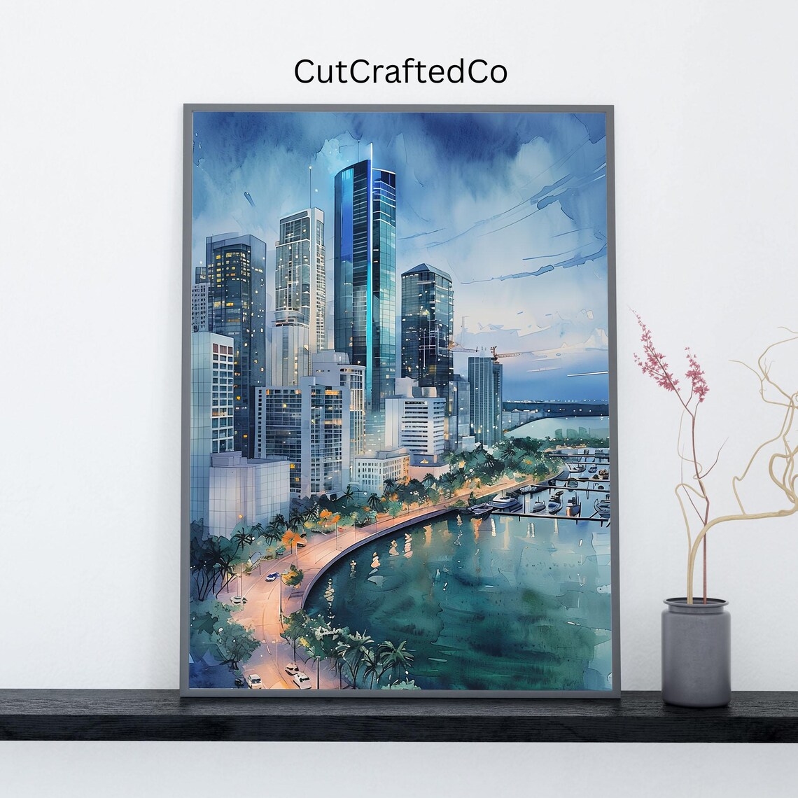 Miami Skyline Watercolor Teal Marina Palm Trees Evening Poster