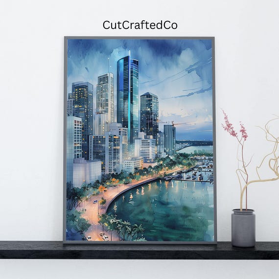 Miami Skyline Wall Art Watercolor Cityscape Print Coastal Urban Poster Florida Decor Instant