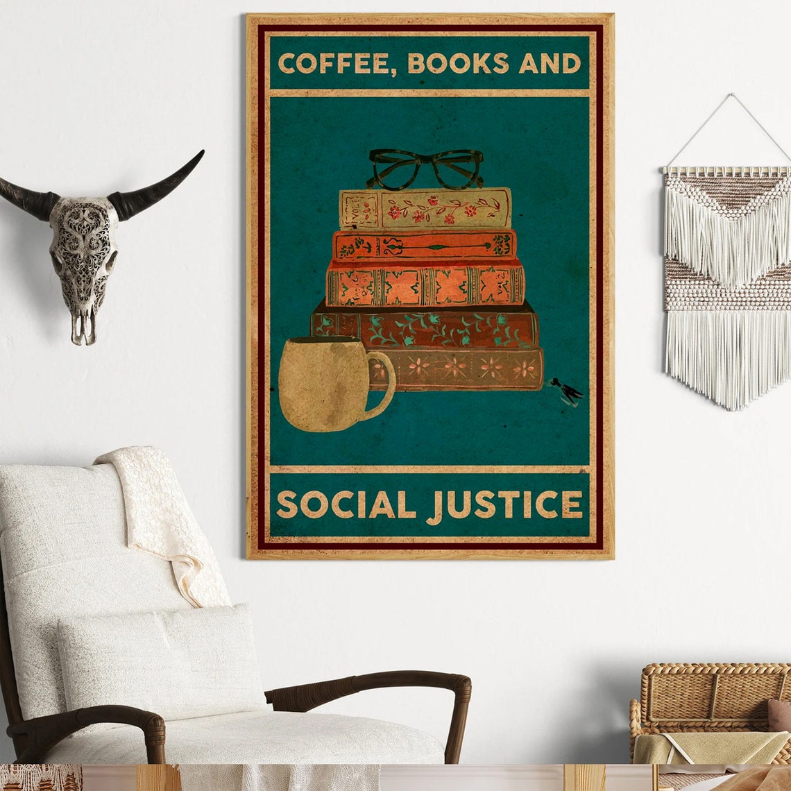 Coffee Books And Social Justice Vintage Teal Book Lover Poster - Image 3