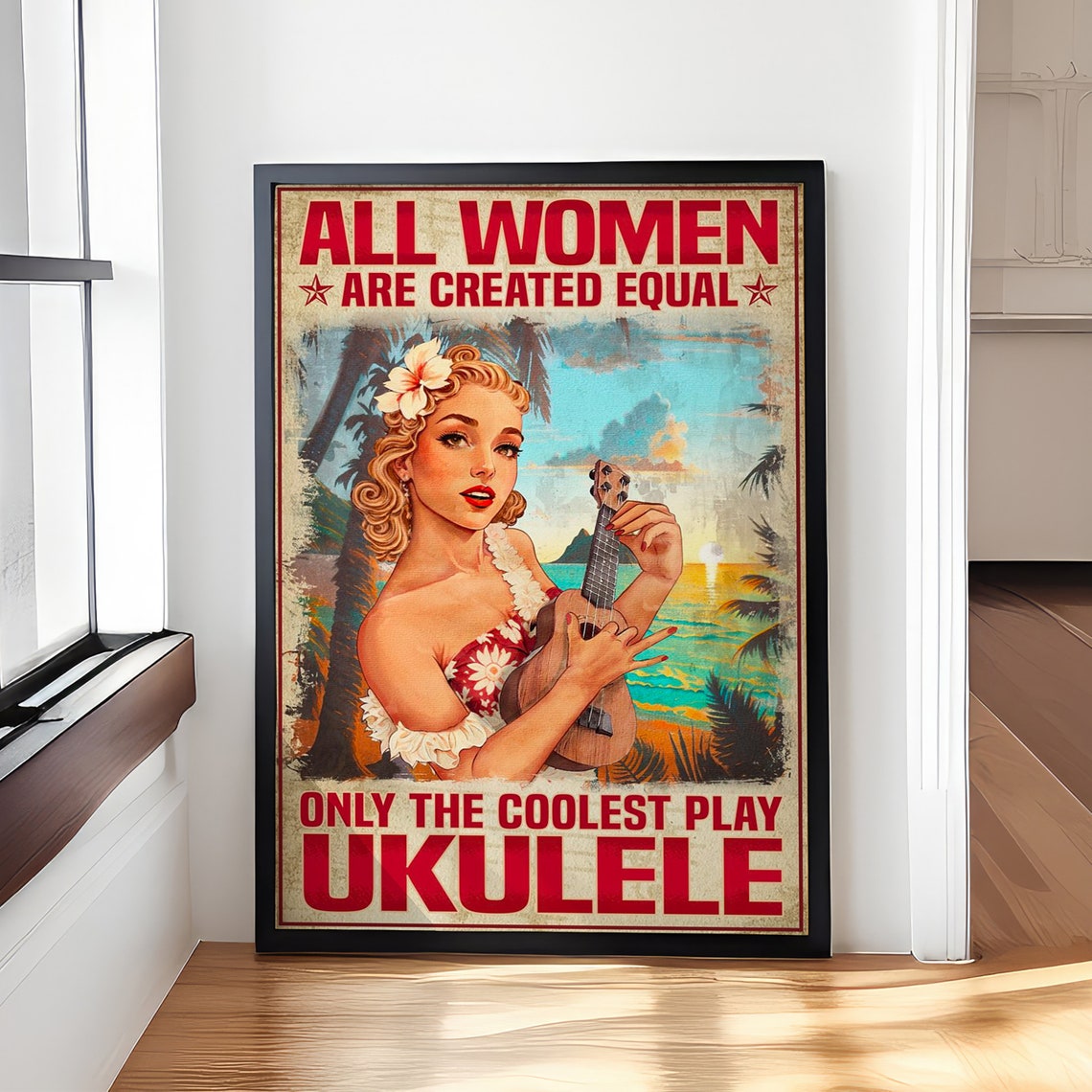 Retro Pin-Up Girl Playing Ukulele On A Tropical Beach Poster
