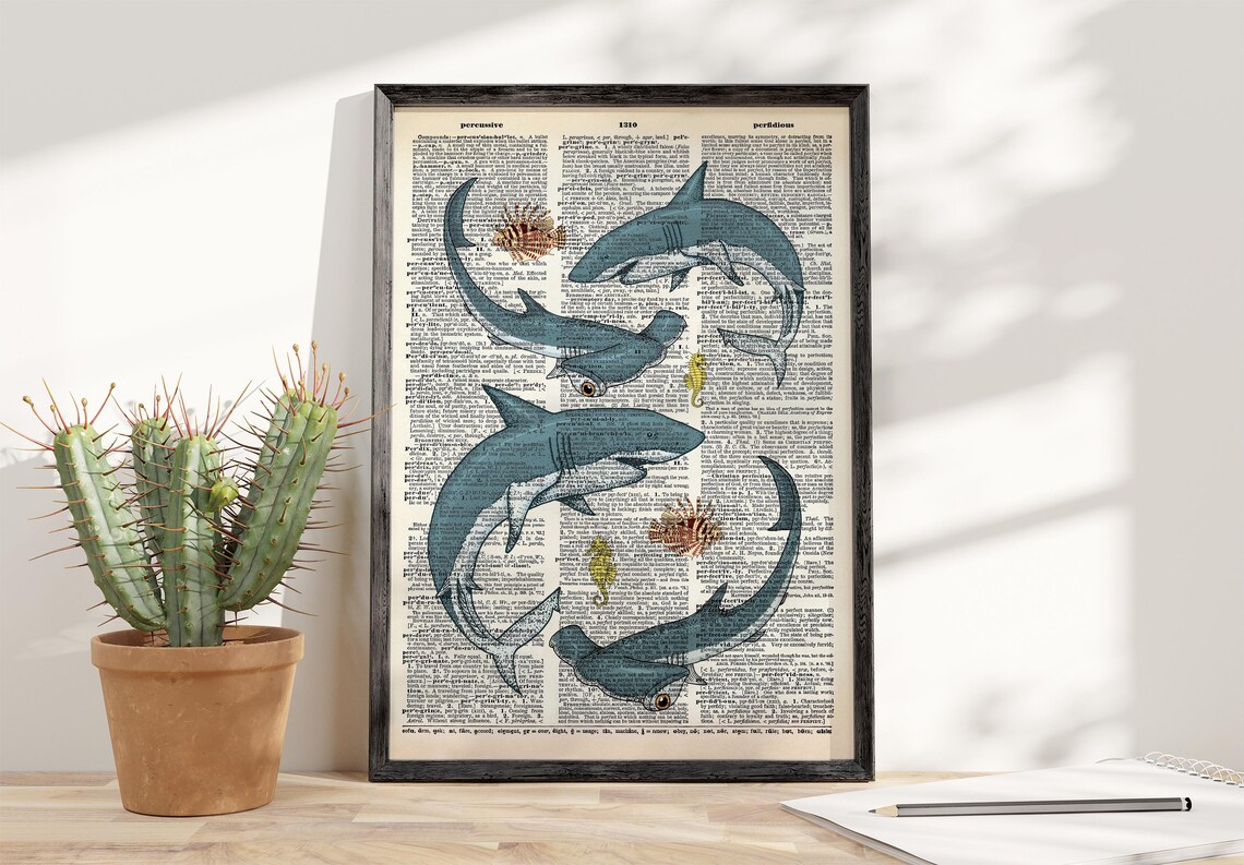 Vintage Sharks Illustration Antique Dictionary Page Art Poster