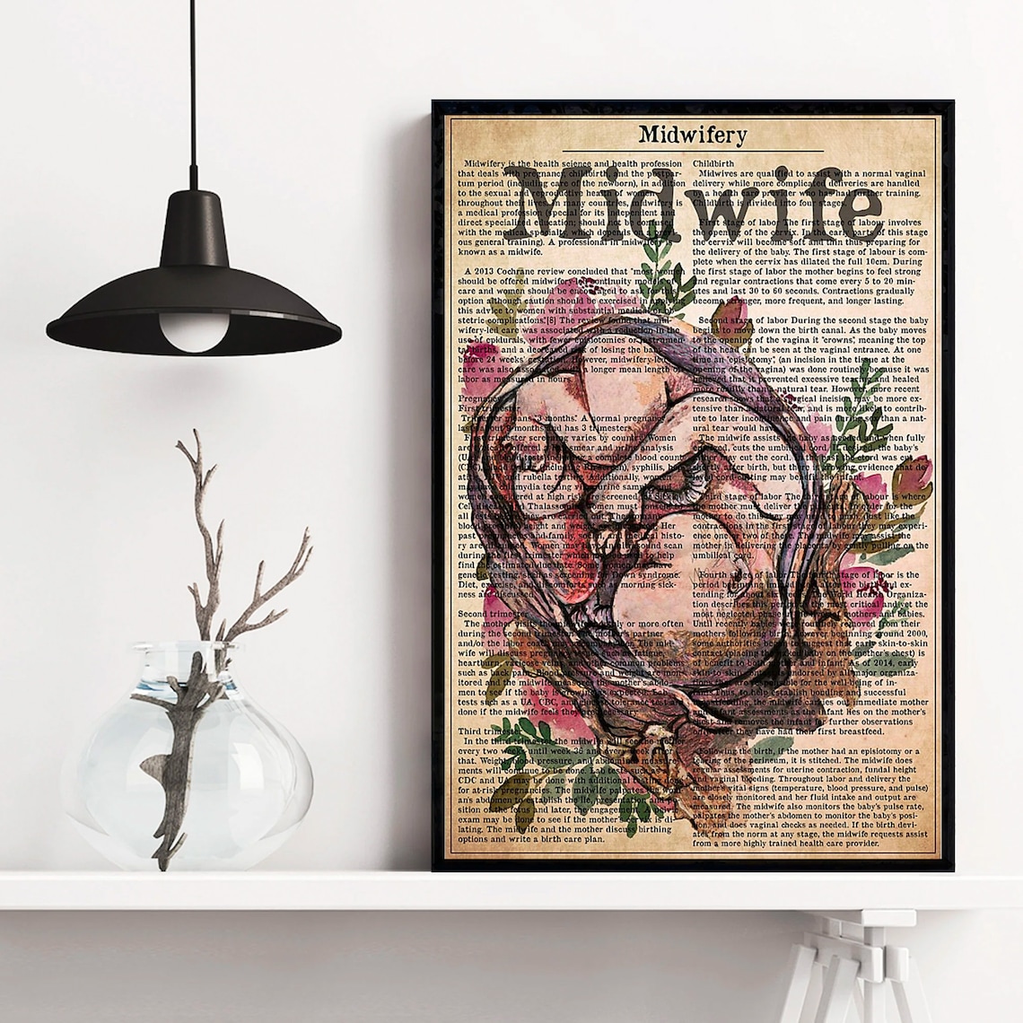 Midwifery Pregnant Woman Floral Anatomy Dictionary Art Poster - Image 4