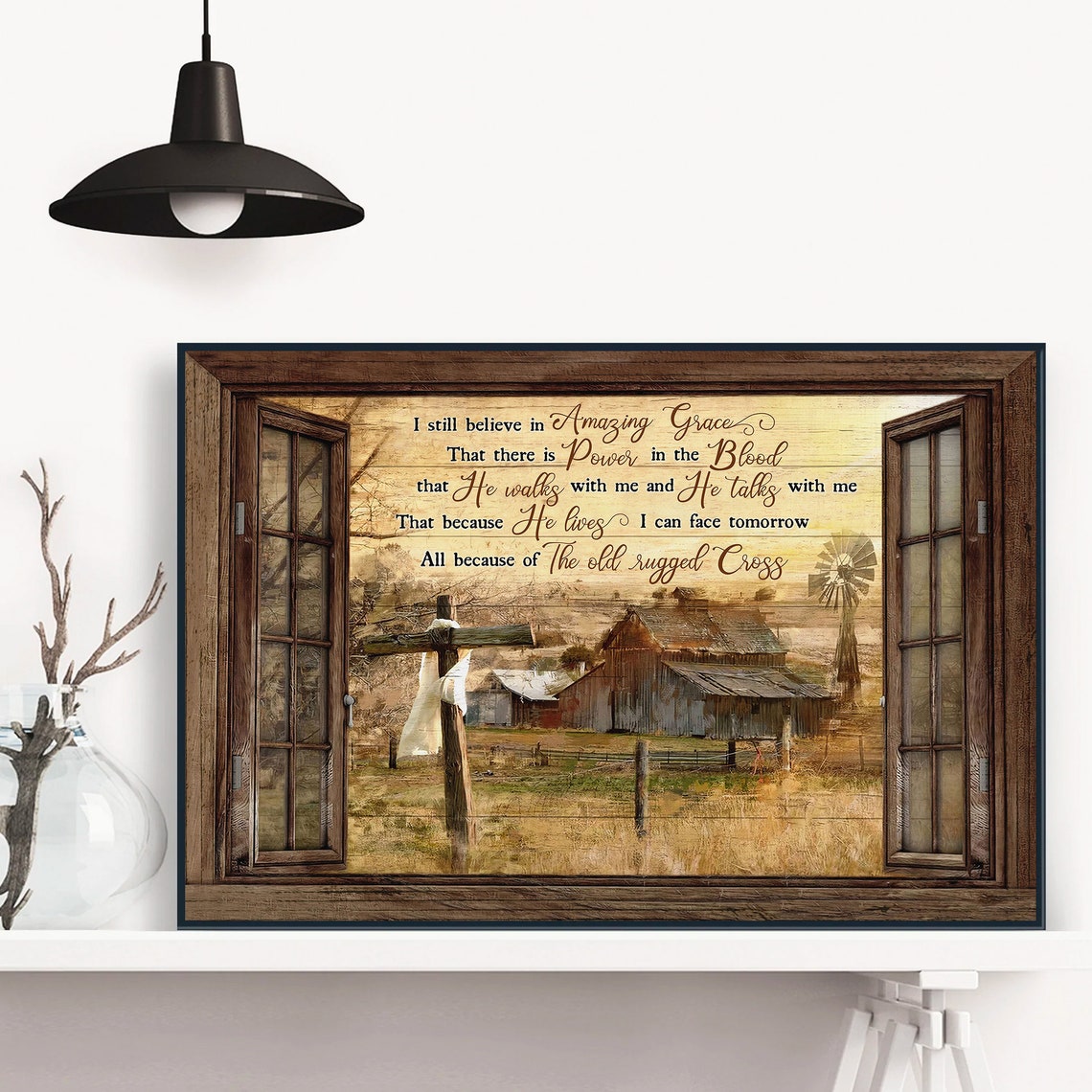 Amazing Grace Old Rugged Cross Barn Window Farmhouse Faith Poster - Image 3