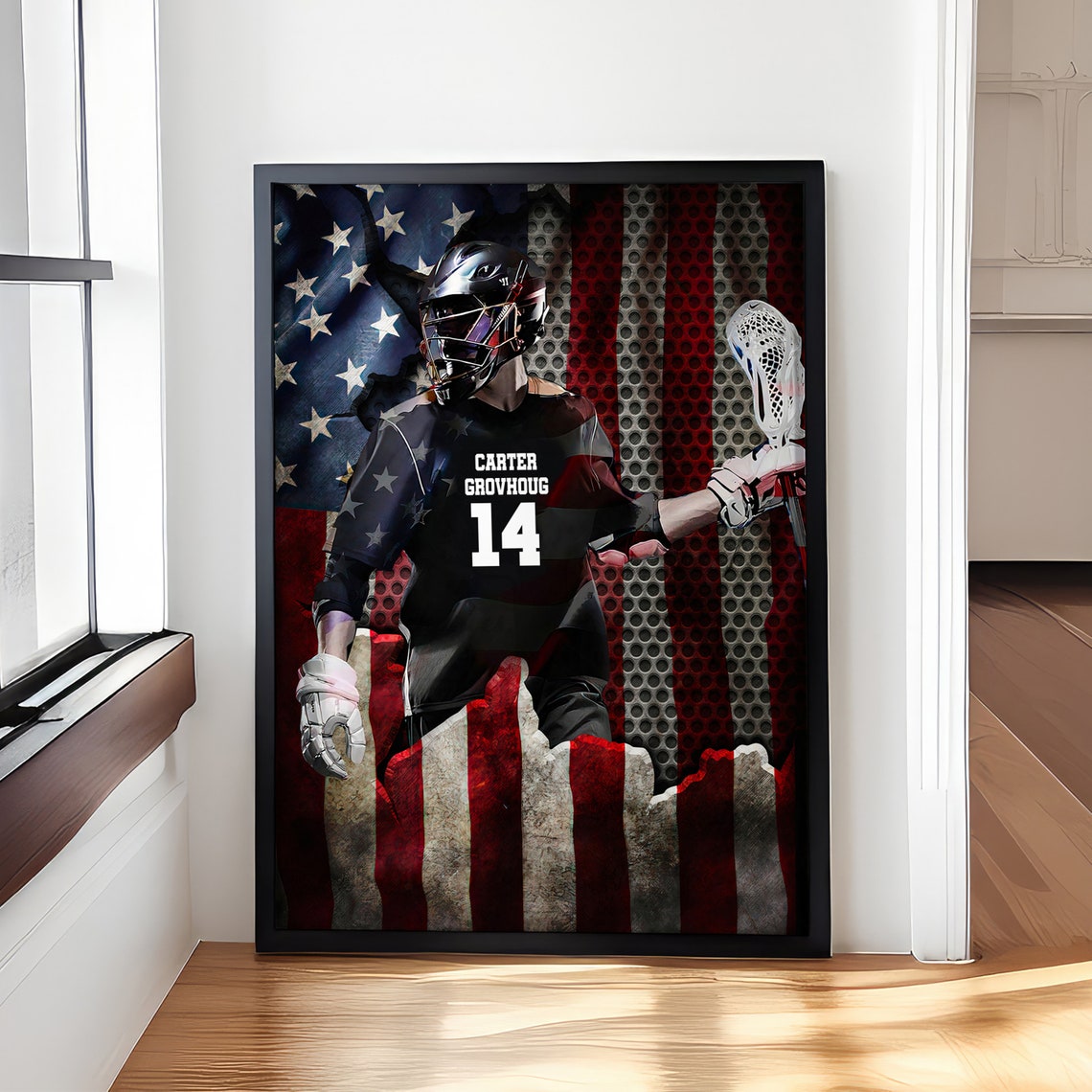 Personalized Lacrosse Poster Lacrosse Player Us Flag Wall Art Custom Name Number Home Decor For Son Boy Men